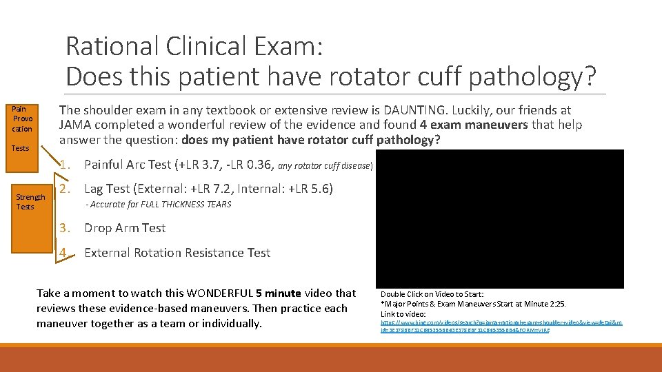 Rational Clinical Exam: Does this patient have rotator cuff pathology? The shoulder exam in