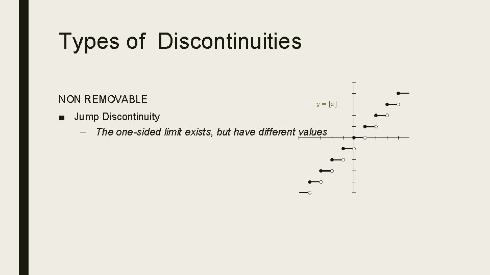 Types of Discontinuities NON REMOVABLE ■ Jump Discontinuity – The one-sided limit exists, but