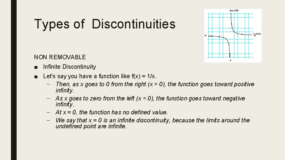 Types of Discontinuities NON REMOVABLE ■ Infinite Discontinuity ■ Let's say you have a