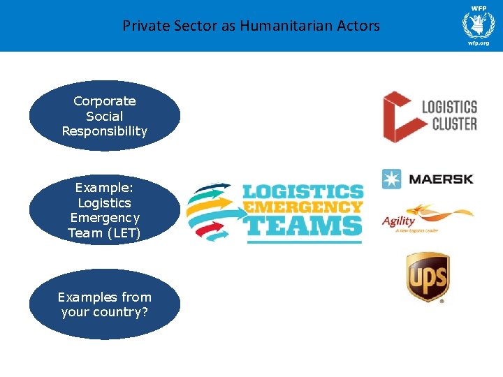 Private Sector as Humanitarian Actors Corporate Social Responsibility Example: Logistics Emergency Team (LET) Examples