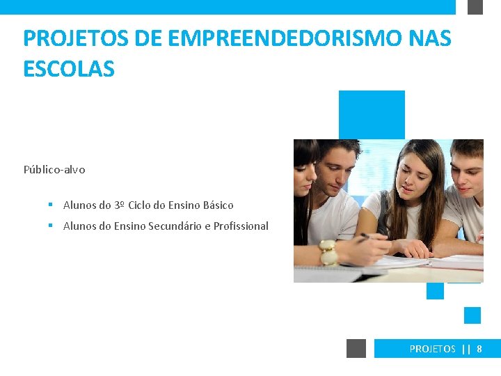 PROJETOS DE EMPREENDEDORISMO NAS ESCOLAS Público-alvo § Alunos do 3º Ciclo do Ensino Básico