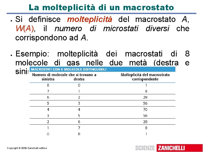  La molteplicità di un macrostato Si definisce molteplicità del macrostato A, W(A), il