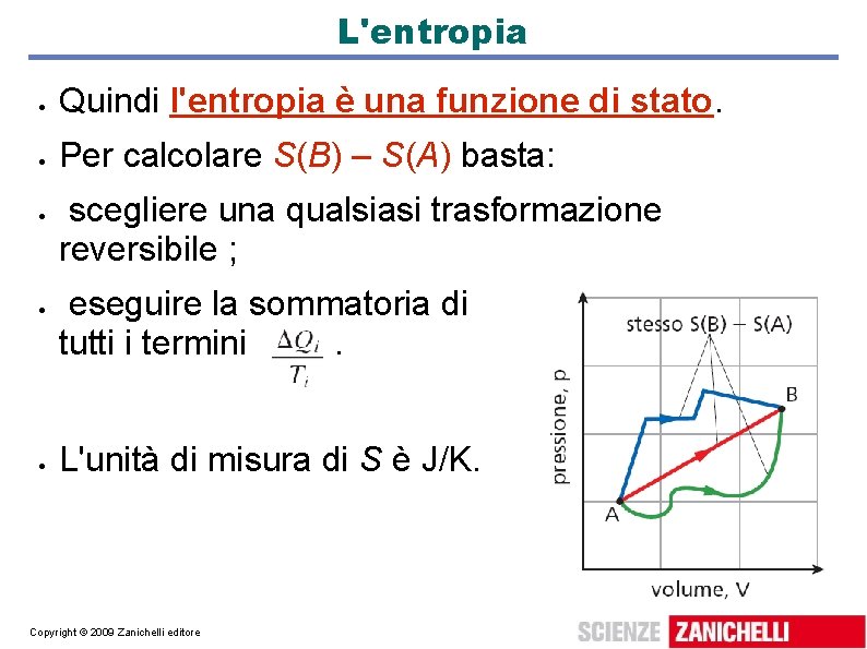 L'entropia Quindi l'entropia è una funzione di stato. Per calcolare S(B) – S(A) basta: