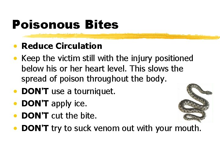 Poisonous Bites • Reduce Circulation • Keep the victim still with the injury positioned