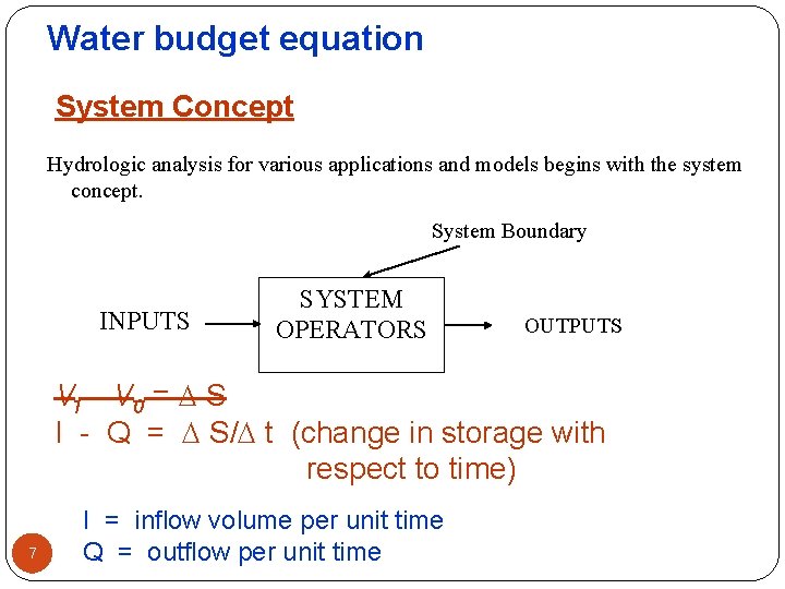 Water budget equation System Concept Hydrologic analysis for various applications and models begins with