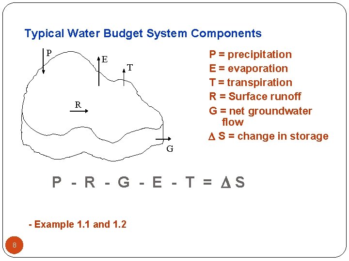 Typical Water Budget System Components P E P = precipitation E = evaporation T