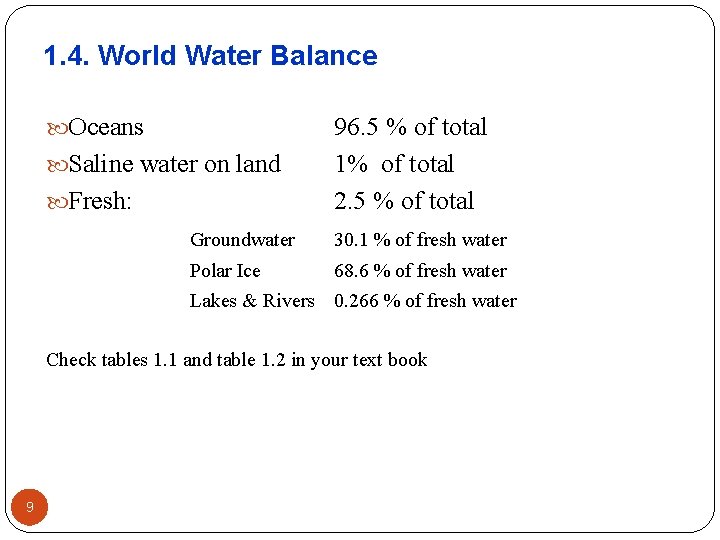 1. 4. World Water Balance Oceans Saline water on land Fresh: Groundwater 96. 5