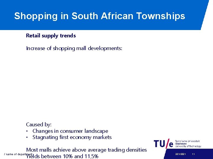 Shopping in South African Townships Retail supply trends Increase of shopping mall developments: Caused