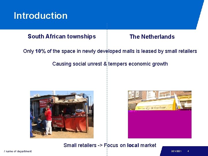 Introduction South African townships The Netherlands Only 10% of the space in newly developed