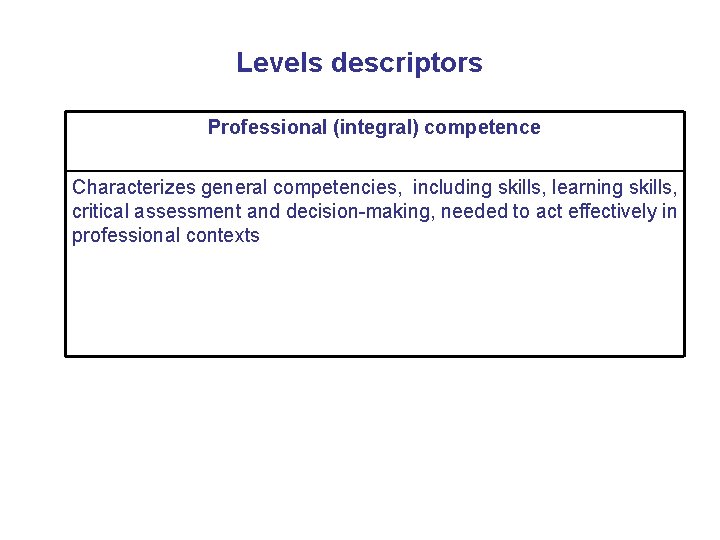 Levels descriptors Professional (integral) competence Characterizes general competencies, including skills, learning skills, critical assessment