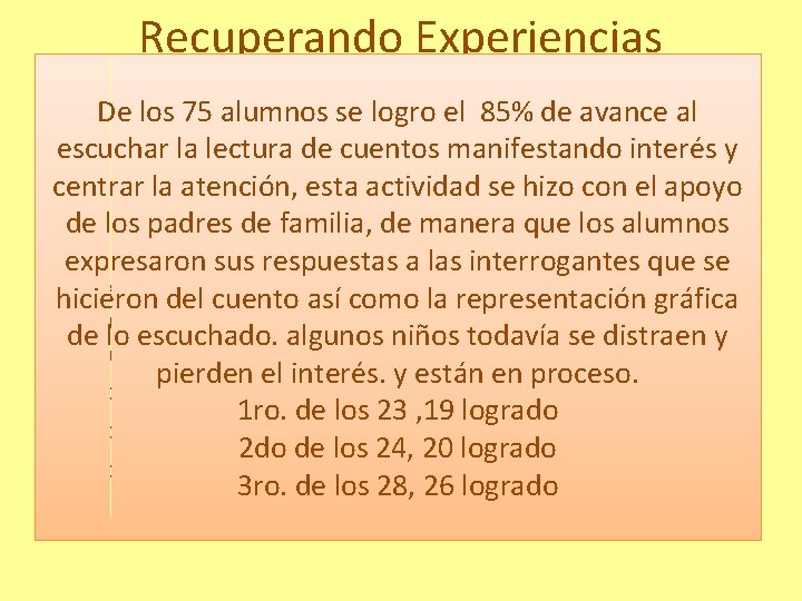 Recuperando Experiencias De los 75 alumnos se logro el 85% de avance al lecturasede