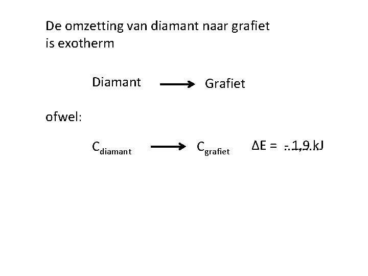 De omzetting van diamant naar grafiet is exotherm Diamant Grafiet ofwel: Cdiamant Cgrafiet ΔE