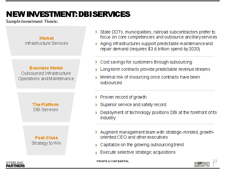 NEW INVESTMENT: DBI SERVICES Sample Investment Thesis: Market Infrastructure Services State DOTs, municipalities, railroad NEW INVESTMENT: DBI SERVICES Sample Investment Thesis: Market Infrastructure Services State DOTs, municipalities, railroad