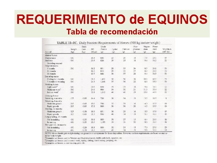 REQUERIMIENTO de EQUINOS Tabla de recomendación REQUERIMIENTO de EQUINOS Tabla de recomendación