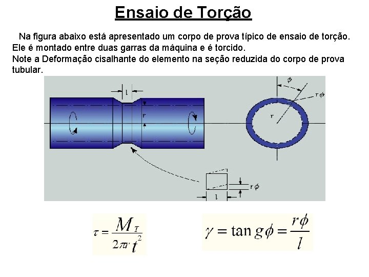 Ensaio de Torção Na figura abaixo está apresentado um corpo de prova típico de