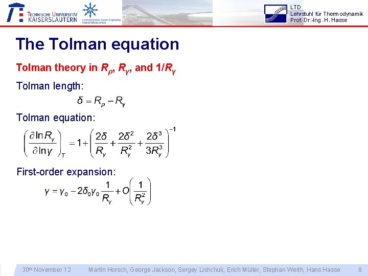 LTD Lehrstuhl für Thermodynamik Prof. Dr. -Ing. H. Hasse The Tolman equation Tolman theory