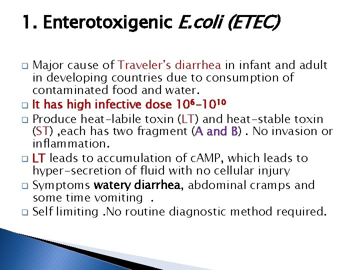 1. Enterotoxigenic E. coli (ETEC) q q q Major cause of Traveler's diarrhea in