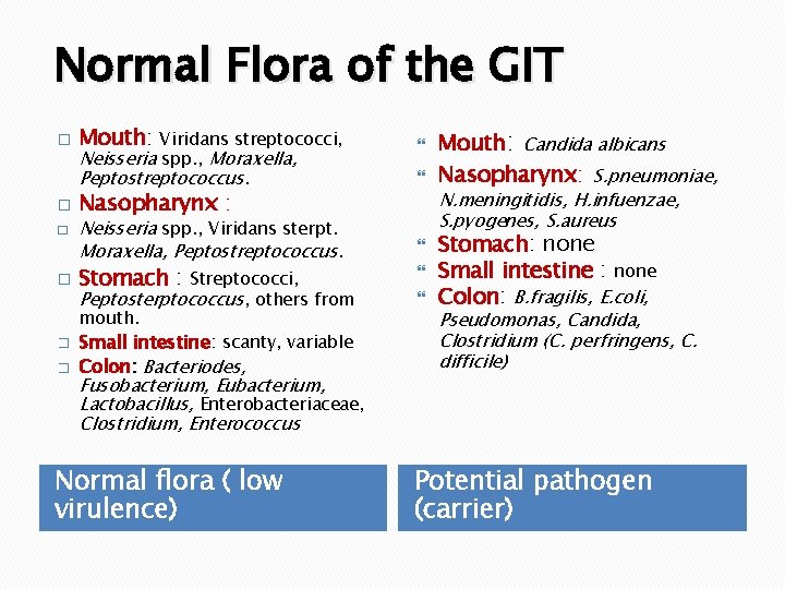 Normal Flora of the GIT � � � Mouth: Viridans streptococci, Neisseria spp. ,