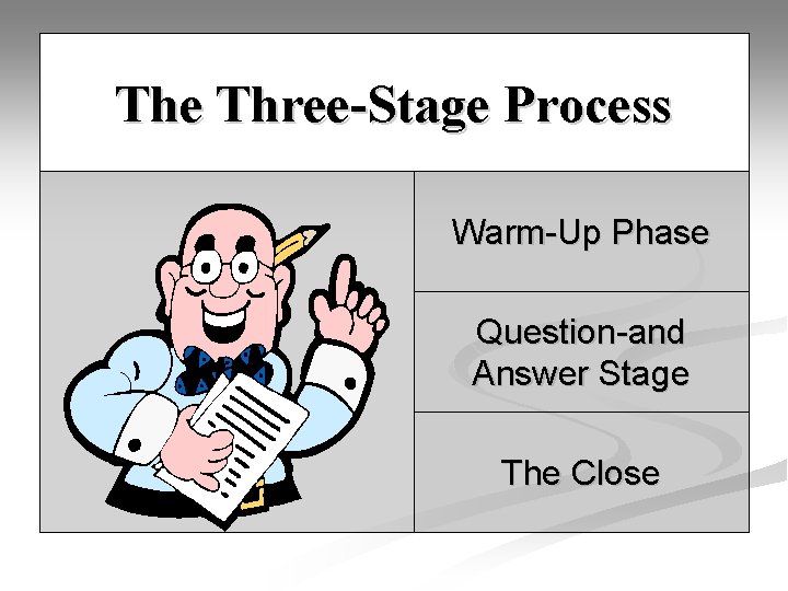 The Three-Stage Process Warm-Up Phase Question-and Answer Stage The Close 
