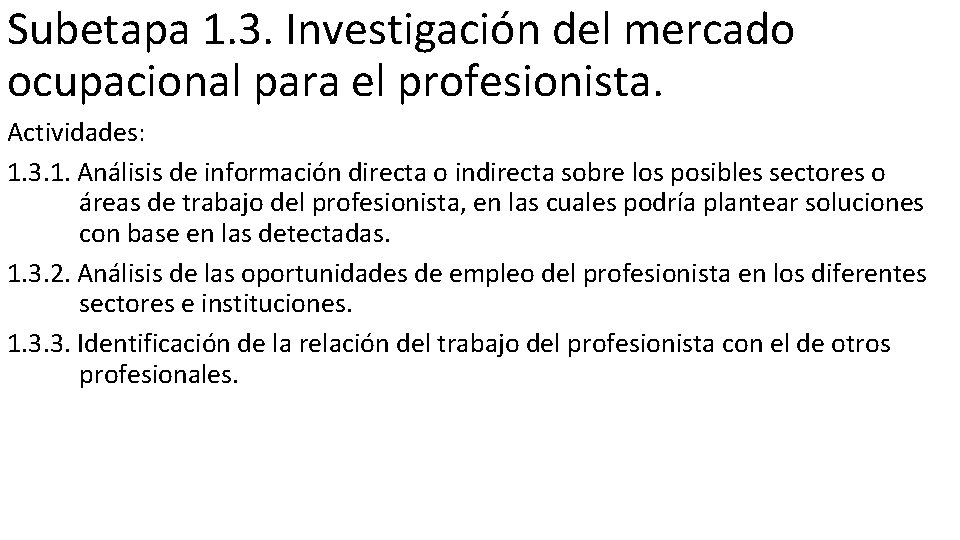 Subetapa 1. 3. Investigación del mercado ocupacional para el profesionista. Actividades: 1. 3. 1.