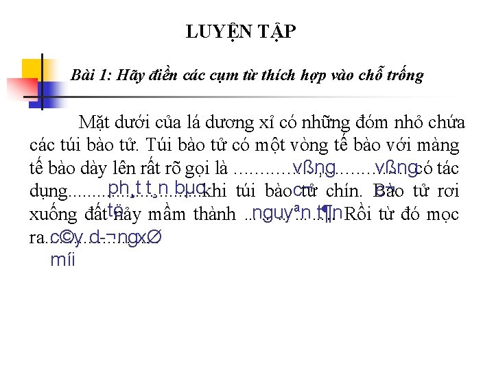 LUYỆN TẬP Bài 1: Hãy điền các cụm từ thích hợp vào chỗ trống