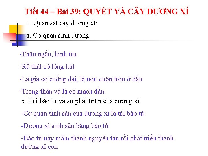 Tiết 44 – Bài 39: QUYẾT VÀ C Y DƯƠNG XỈ 1. Quan sát