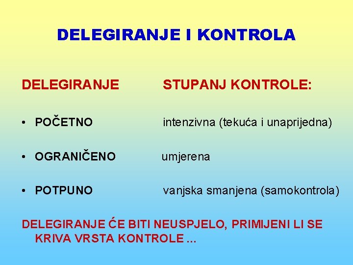 DELEGIRANJE I KONTROLA DELEGIRANJE STUPANJ KONTROLE: • POČETNO intenzivna (tekuća i unaprijedna) • OGRANIČENO