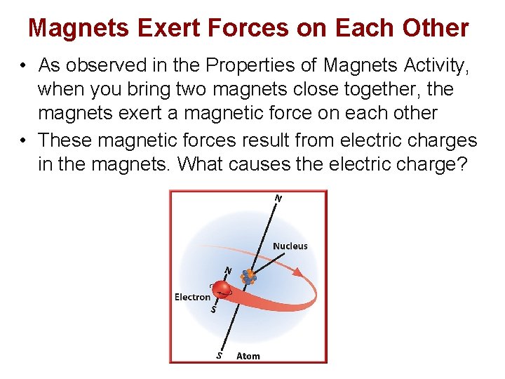 Magnets Exert Forces on Each Other • As observed in the Properties of Magnets Magnets Exert Forces on Each Other • As observed in the Properties of Magnets