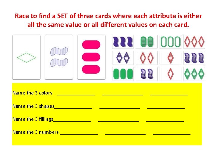 Race to find a SET of three cards where each attribute is either all