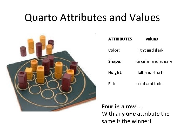 Quarto Attributes and Values ATTRIBUTES values Color: light and dark Shape: circular and square