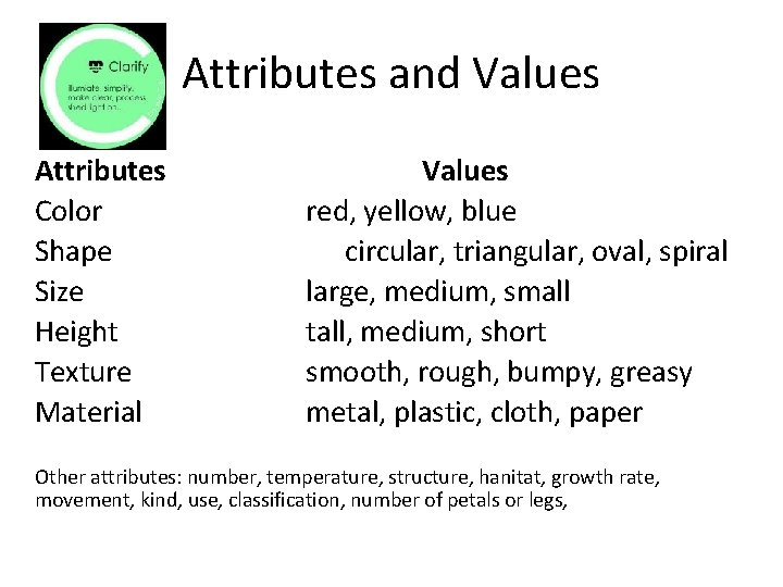 Attributes and Values Attributes Color Shape Size Height Texture Material Values red, yellow, blue