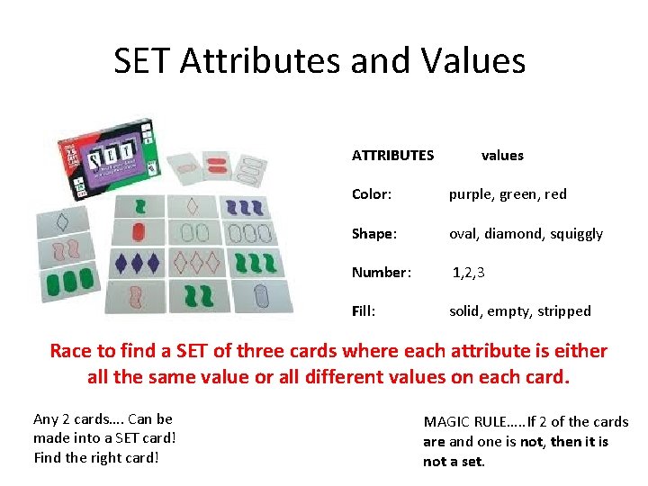 SET Attributes and Values ATTRIBUTES values Color: purple, green, red Shape: oval, diamond, squiggly