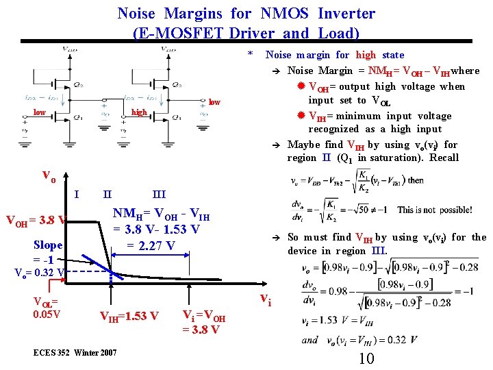 Noise Margins for NMOS Inverter (E-MOSFET Driver and Load) * low high vo I