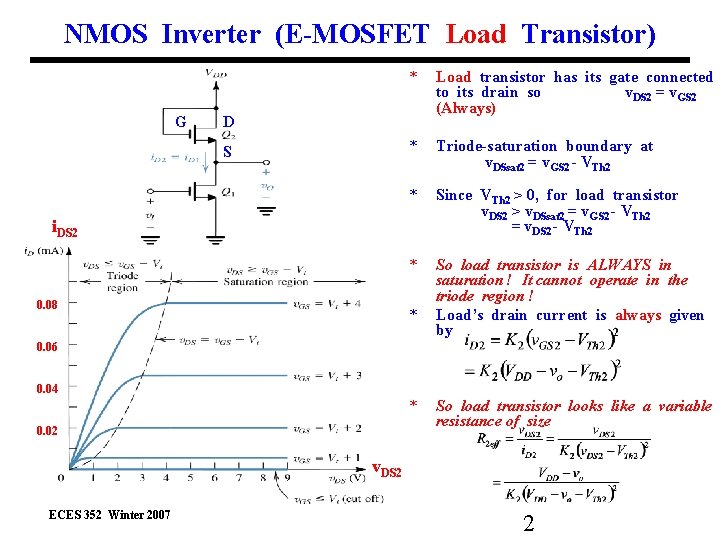 NMOS Inverter (E-MOSFET Load Transistor) G * Load transistor has its gate connected to