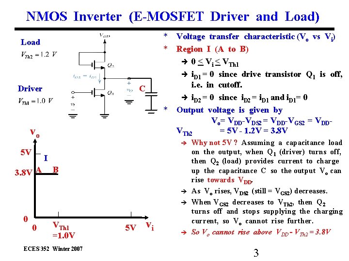 NMOS Inverter (E-MOSFET Driver and Load) * Voltage transfer characteristic (Vo vs Vi) *