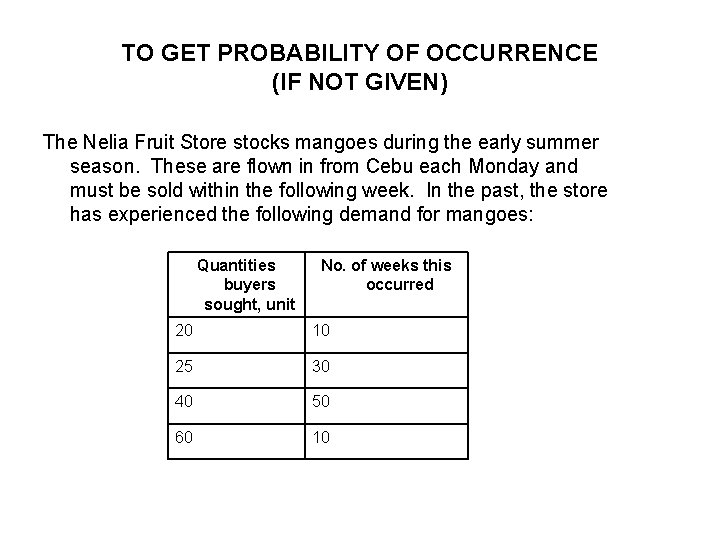 TO GET PROBABILITY OF OCCURRENCE (IF NOT GIVEN) The Nelia Fruit Store stocks mangoes
