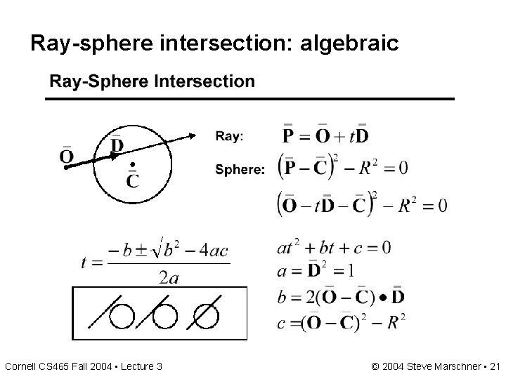 Ray-sphere intersection: algebraic Cornell CS 465 Fall 2004 • Lecture 3 © 2004 Steve Ray-sphere intersection: algebraic Cornell CS 465 Fall 2004 • Lecture 3 © 2004 Steve