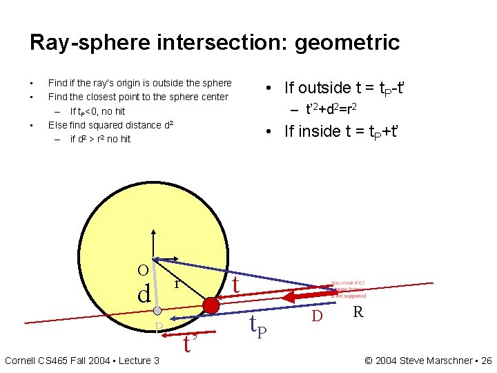 Ray-sphere intersection: geometric • • • Find if the ray’s origin is outside the Ray-sphere intersection: geometric • • • Find if the ray’s origin is outside the