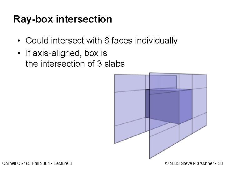 Ray-box intersection • Could intersect with 6 faces individually • If axis-aligned, box is Ray-box intersection • Could intersect with 6 faces individually • If axis-aligned, box is