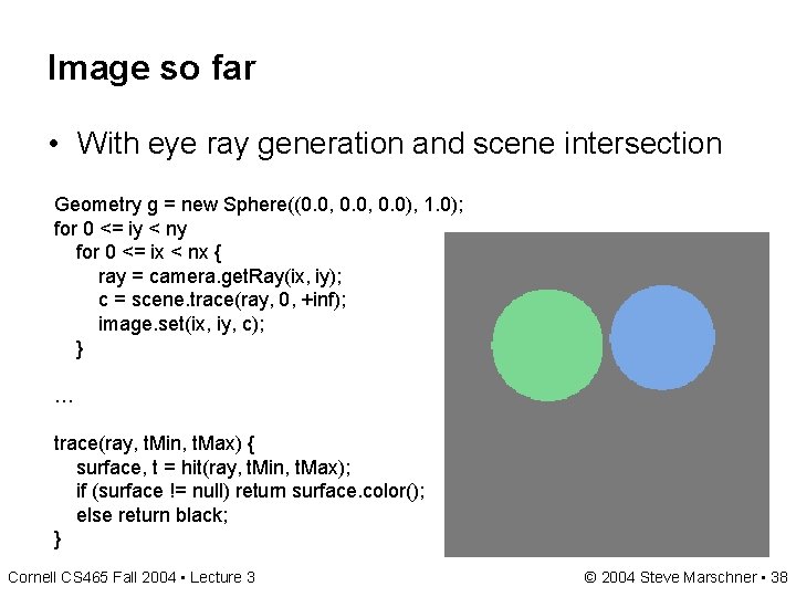 Image so far • With eye ray generation and scene intersection Geometry g = Image so far • With eye ray generation and scene intersection Geometry g =