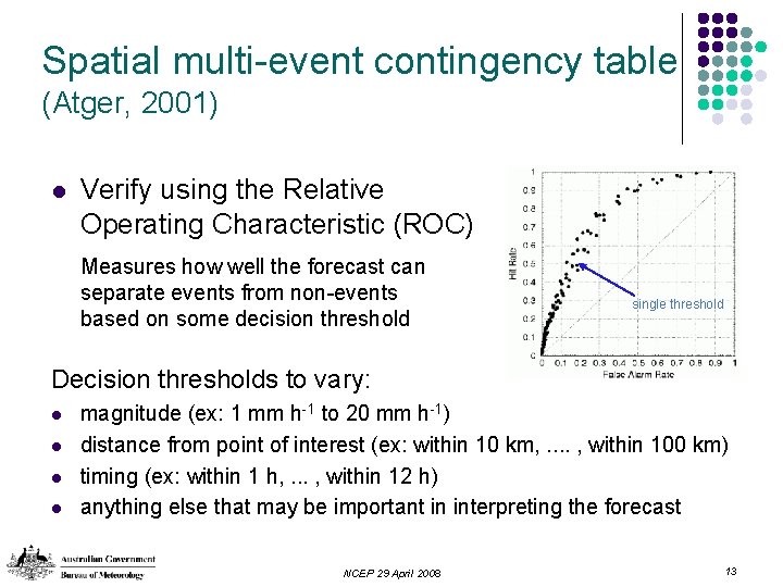 Spatial multi-event contingency table (Atger, 2001) l Verify using the Relative Operating Characteristic (ROC)