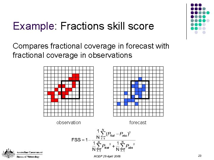 Example: Fractions skill score Compares fractional coverage in forecast with fractional coverage in observations