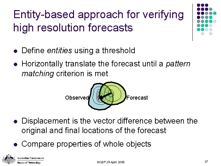 Entity-based approach for verifying high resolution forecasts l Define entities using a threshold l