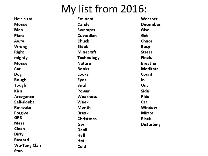 My list from 2016: He’s a rat Mouse Men Plans Awry Wrong Right mighty My list from 2016: He’s a rat Mouse Men Plans Awry Wrong Right mighty