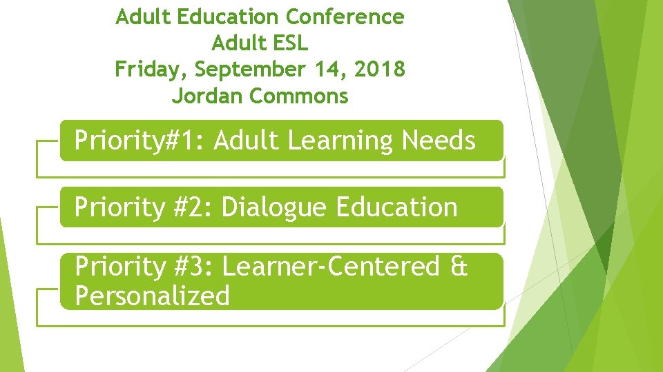 Adult Education Conference Adult ESL Friday, September 14, 2018 Jordan Commons Priority#1: Adult Learning