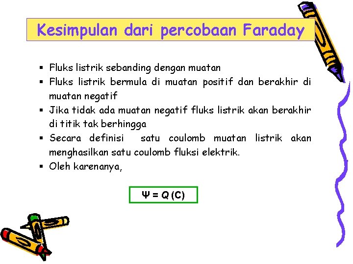 Kesimpulan dari percobaan Faraday § Fluks listrik sebanding dengan muatan § Fluks listrik bermula