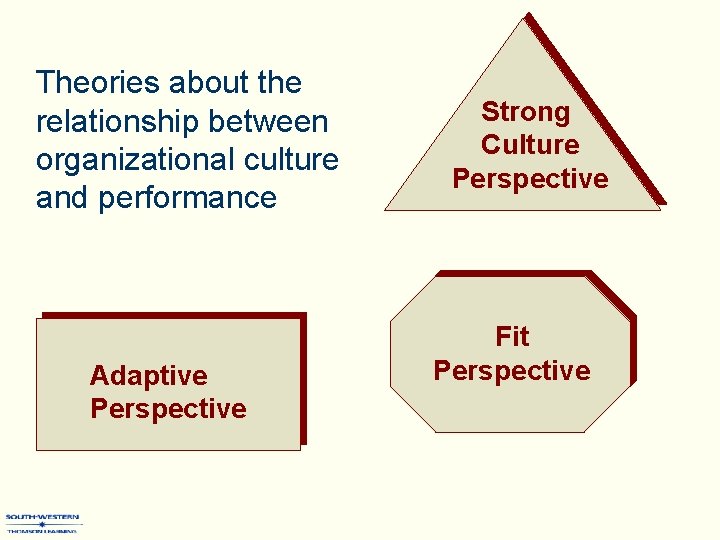 Theories about the relationship between organizational culture and performance Adaptive Perspective Strong Culture Perspective