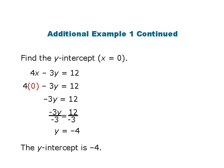 Additional Example 1 Continued Find the y-intercept (x = 0). 4 x – 3