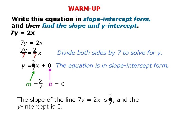 WARM-UP Write this equation in slope-intercept form, and then find the slope and y-intercept.
