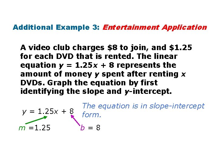 Additional Example 3: Entertainment Application A video club charges $8 to join, and $1.